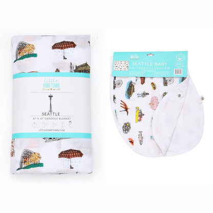 Gift Set: Seattle Baby Muslin Swaddle Blanket and Burp Cloth/Bib Combo Extra Large Bamboo Cotton