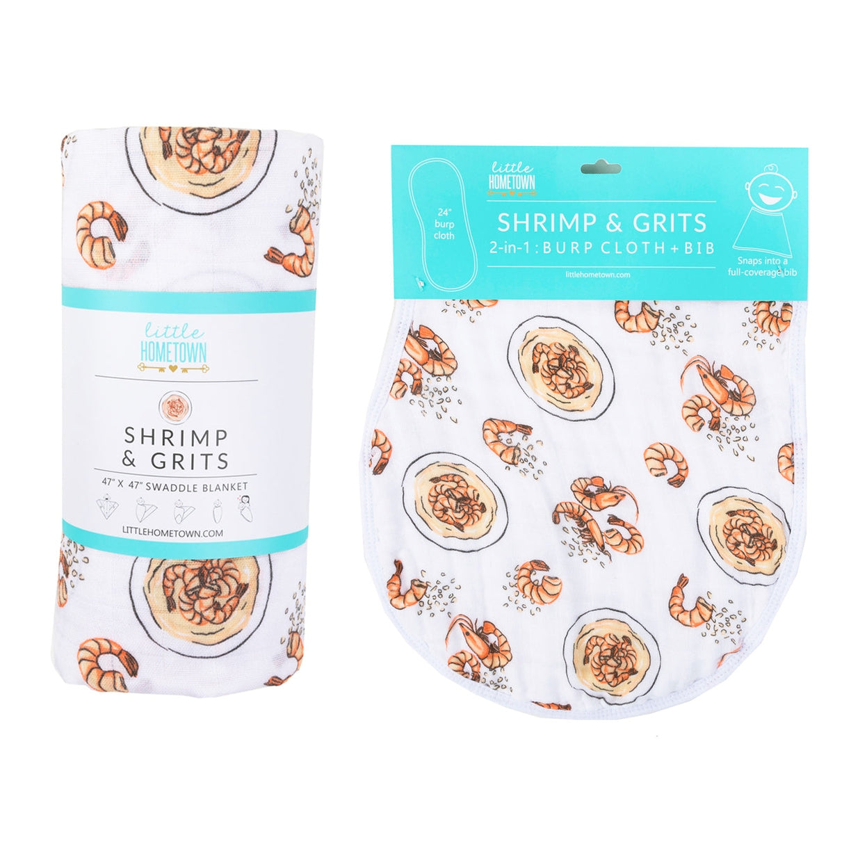 Gift Set: Shrimp'n Grits Baby Muslin Swaddle Blanket and Burp Cloth/Bib Combo Hospital Coming Home Essential