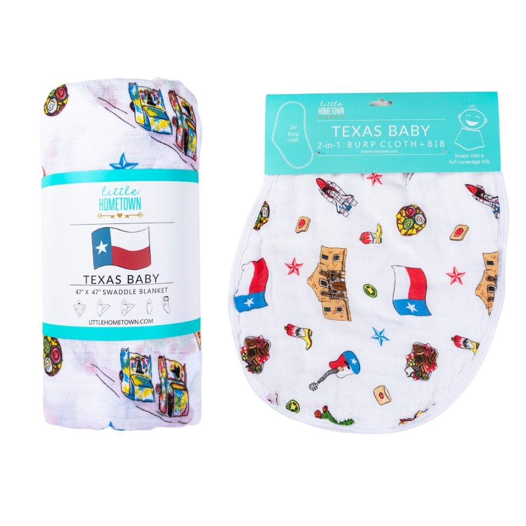 Gift Set: Texas Baby Unisex Muslin Swaddle Blanket and Burp Cloth/Bib Combo Hospital Coming Home Essential
