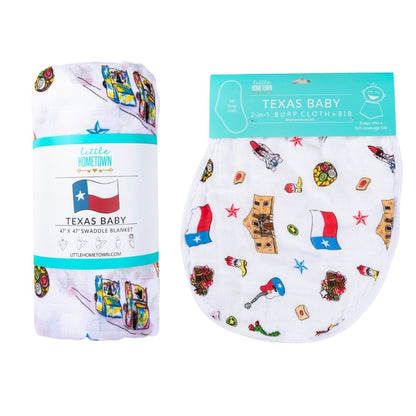 Gift Set: Texas Baby Unisex Muslin Swaddle Blanket and Burp Cloth/Bib Combo Hospital Coming Home Essential