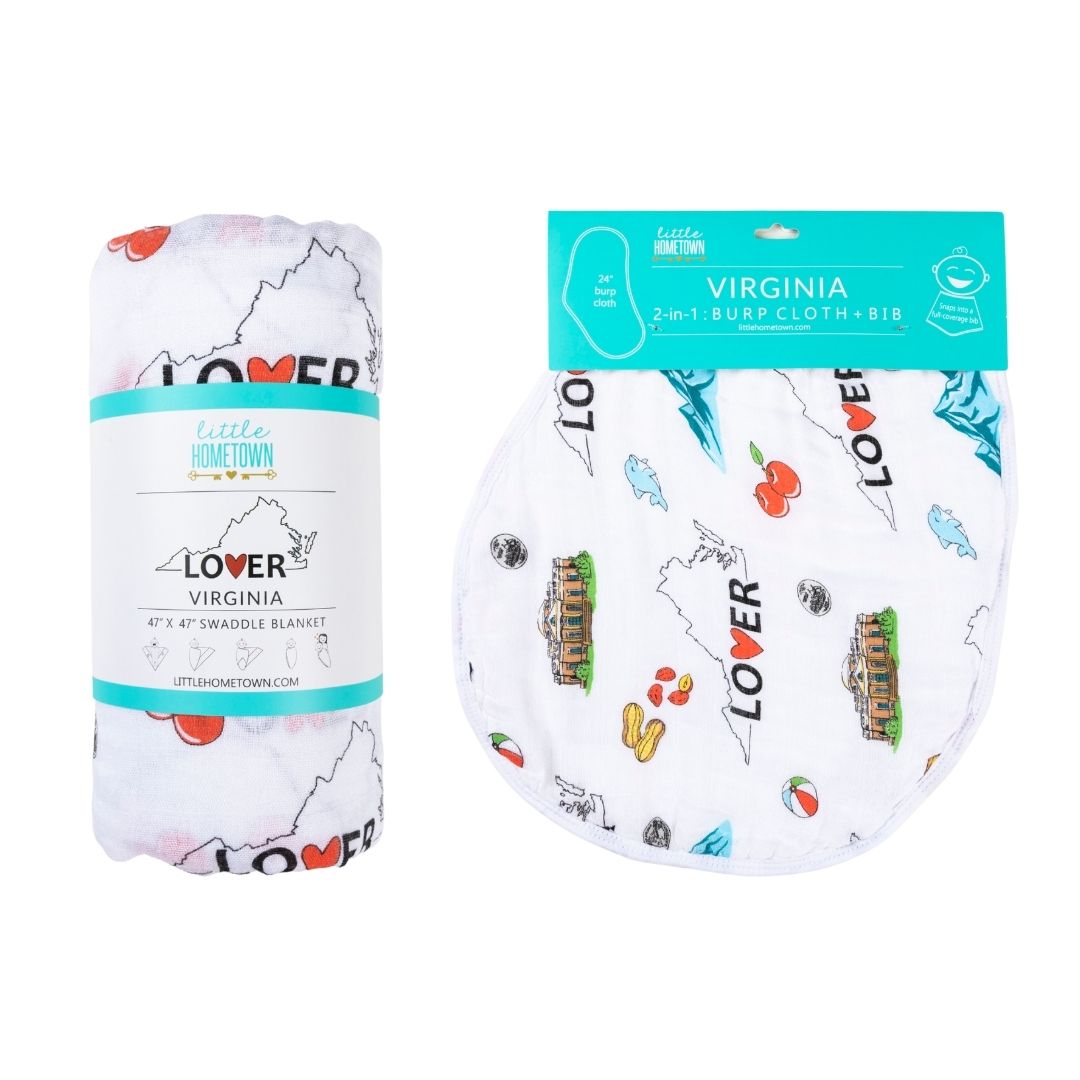 Gift Set: Virginia Baby Muslin Swaddle Blanket and Burp Cloth/Bib Combo Soft Breathable Bamboo Cotton