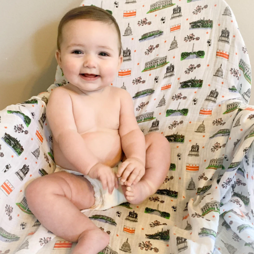 Gift Set: Washington D.C. Baby Muslin Swaddle Blanket and Burp Cloth/Bib Combo Baby Shower Essential for Newborn