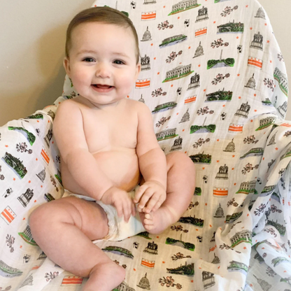 Gift Set: Washington D.C. Baby Muslin Swaddle Blanket and Burp Cloth/Bib Combo Baby Shower Essential for Newborn