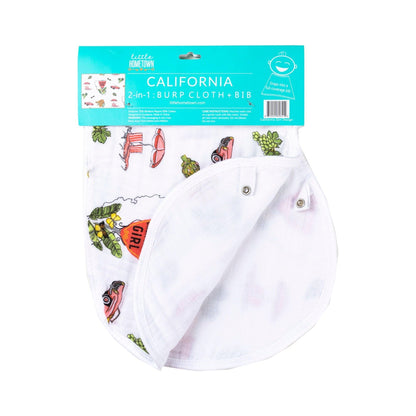 Gift Set: California Girl Muslin Swaddle Blanket and Burp Cloth/Bib Combo Newborn Essentials for Feeding and Comfort
