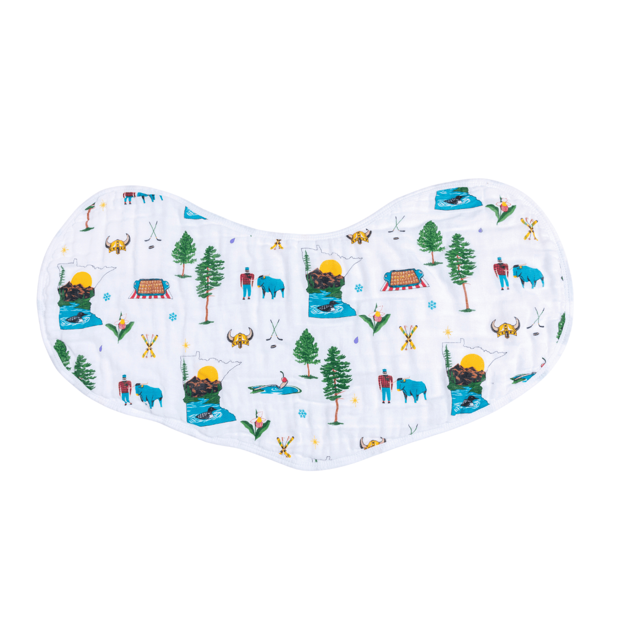 Baby burp cloth and bib set featuring a Minnesota state map design with landmarks and vibrant colors.