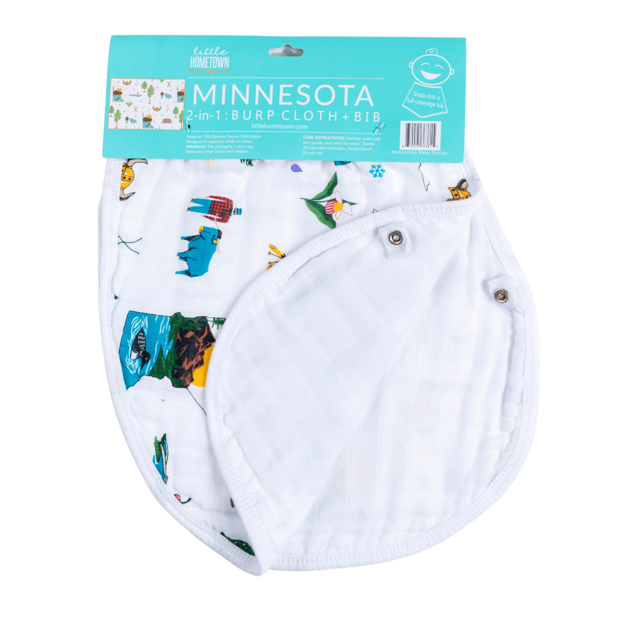 Baby wearing a Minnesota-themed bib and burp cloth set, featuring state icons and landmarks with snaps shown