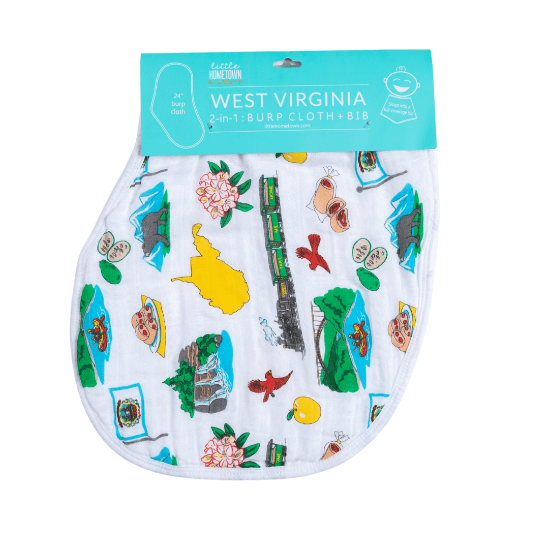 West Virginia-themed baby bib and burp cloth set featuring state map, landmarks, and "West Virginia" text in blue.