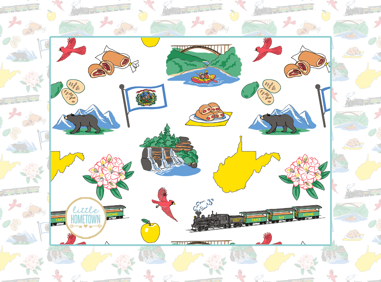 Baby burp cloth and bib combo featuring West Virginia map and landmarks in vibrant colors on white fabric.
