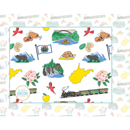 Baby burp cloth and bib combo featuring West Virginia map and landmarks in vibrant colors on white fabric.