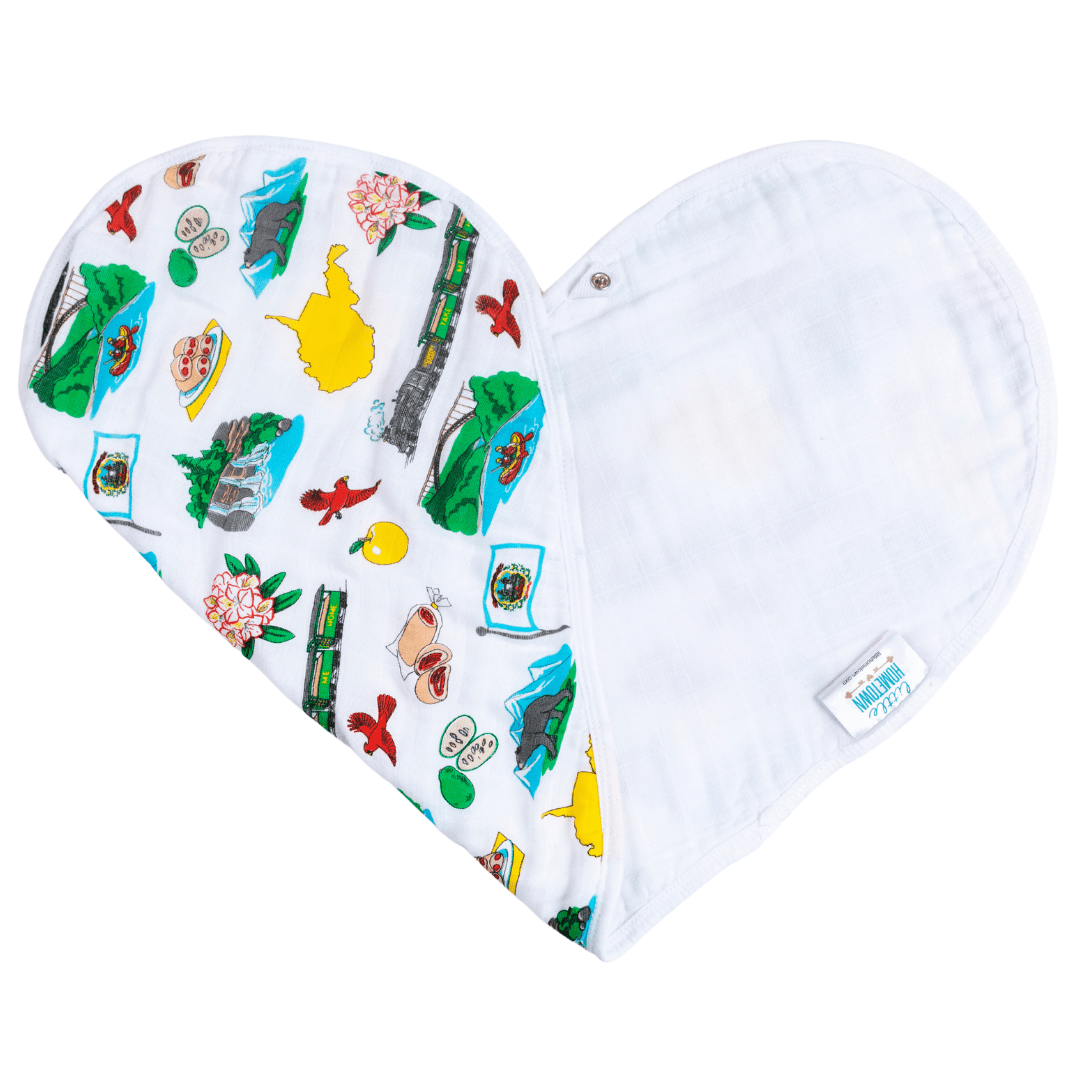 Baby burp cloth and bib set featuring West Virginia map and landmarks in vibrant colors on a white background.