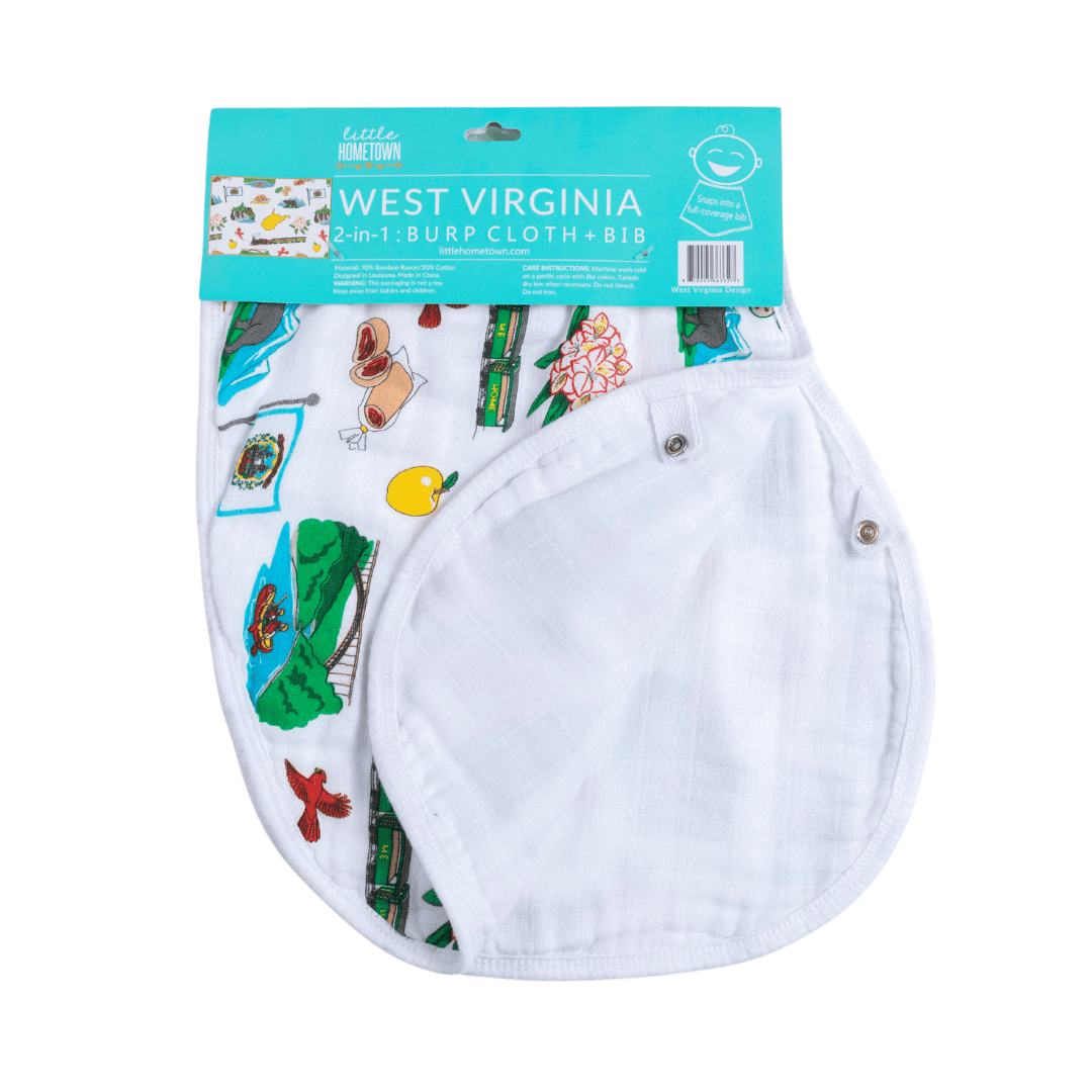 Baby burp cloth and bib combo featuring West Virginia map and landmarks in vibrant colors on a white background.