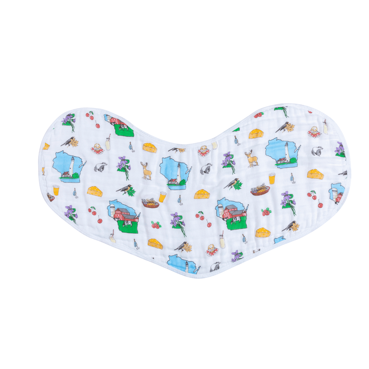 Baby burp cloth and bib set featuring a cute Wisconsin state design with landmarks and icons in pastel colors.