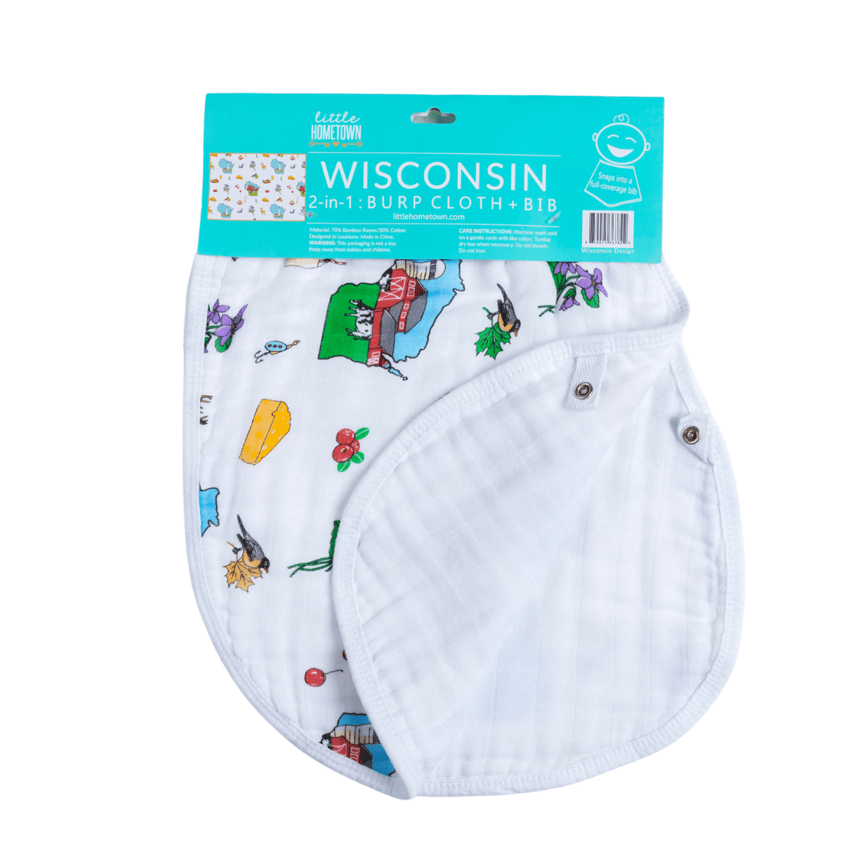 Wisconsin baby burp cloth and bib combo showing the back and how it snaps from a burp cloth to a bib.
