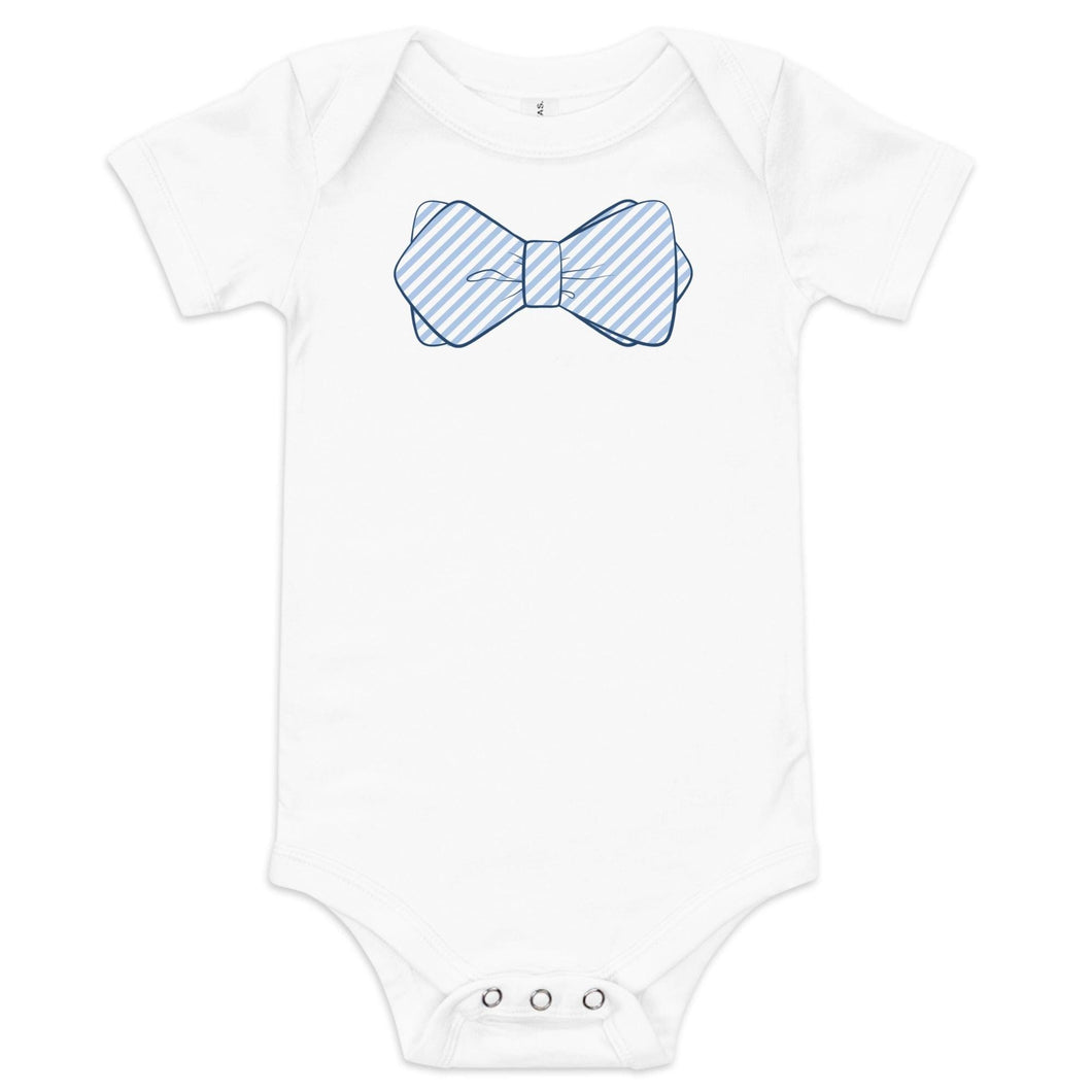Baby onesie with a blue bowtie and buttons, featuring a white background and a soft, cozy fabric.