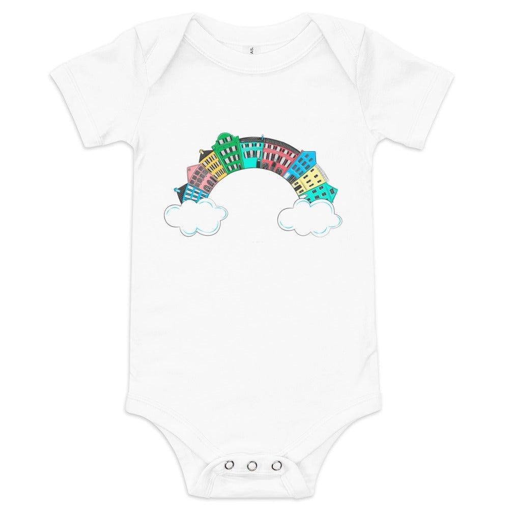 Baby onesie featuring Charleston's Rainbow Row, with colorful historic houses and palm trees on a white background.