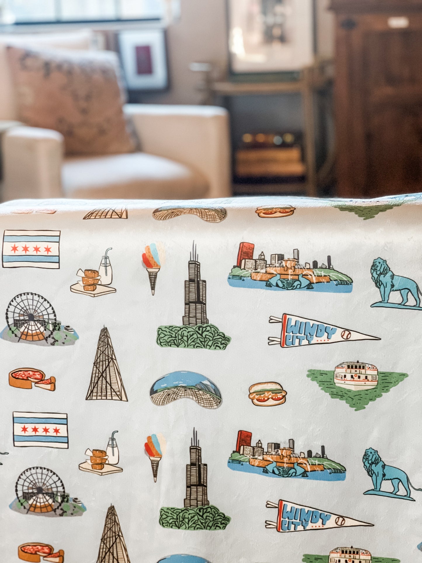 Cozy Chicago-themed plush throw blanket, 60x80 inches, featuring iconic skyline and landmarks in vibrant colors.