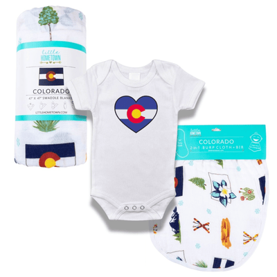 The three piece Colorado baby gift set with a rolled swaddle, flag heart onesie and matching bib set.