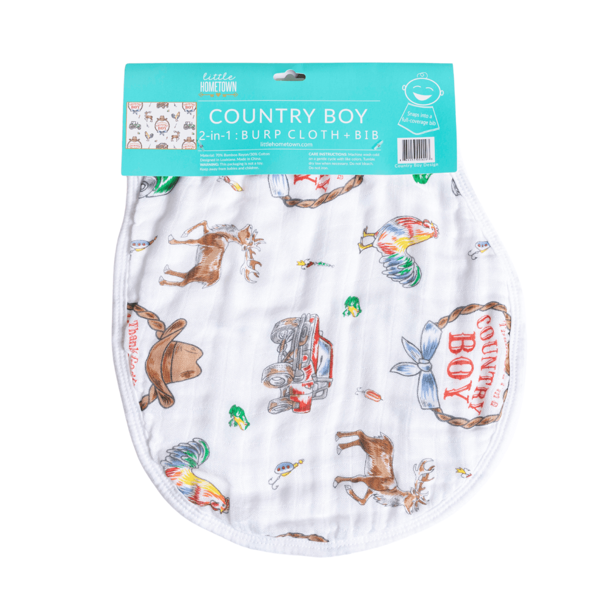 Country Boy 2-in-1 burp cloth and bib combo with blue plaid and tractor design, perfect for baby boys.