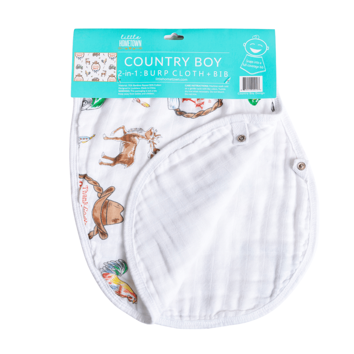 Country Boy 2-in-1 burp cloth and bib combo with blue plaid and tractor design, perfect for baby boys.