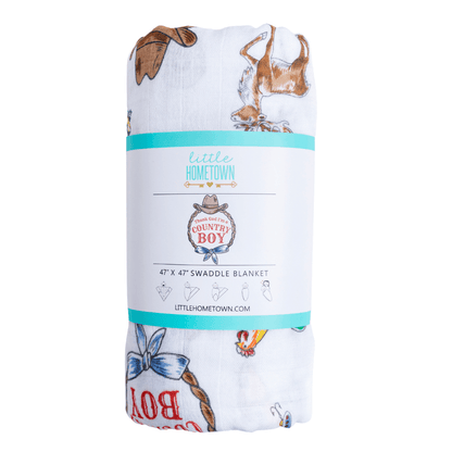 Country Boy baby gift set with a blue swaddle blanket and burp bib featuring farm animals and tractors.