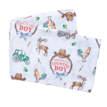 Load image into Gallery viewer, Country Boy baby gift set with swaddle blanket and burp bib, featuring a cute farm animal print.
