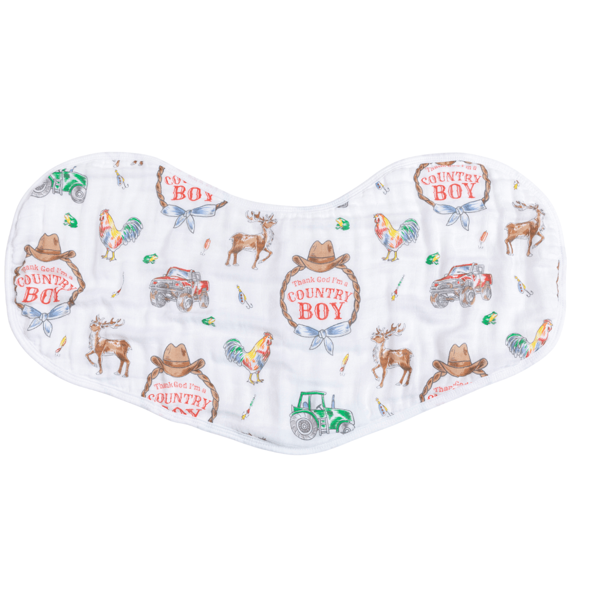 Country Boy baby gift set with a blue swaddle blanket and burp bib, featuring a cute farm animal print.