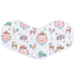 Country Boy baby gift set with a blue swaddle blanket and burp bib, featuring a cute farm animal print.
