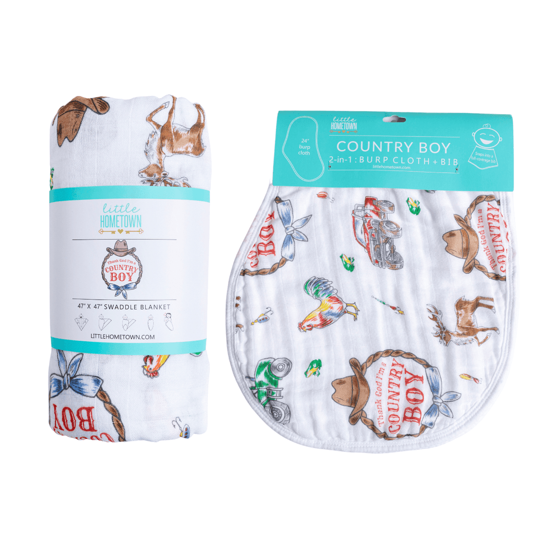 Country boy baby gift set with a swaddle blanket and burp bib featuring a cute farm animal print.