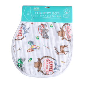 Country Boy Baby Giftset with blue swaddle blanket, burp bib, and farm-themed designs on a white background.