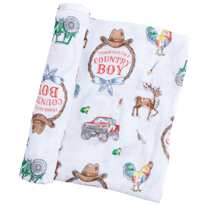 Country Boy baby gift set with a blue swaddle blanket and burp bib featuring cute farm animal prints.