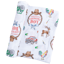 Load image into Gallery viewer, Country Boy baby gift set with a blue swaddle blanket and burp bib featuring cute farm animal prints.
