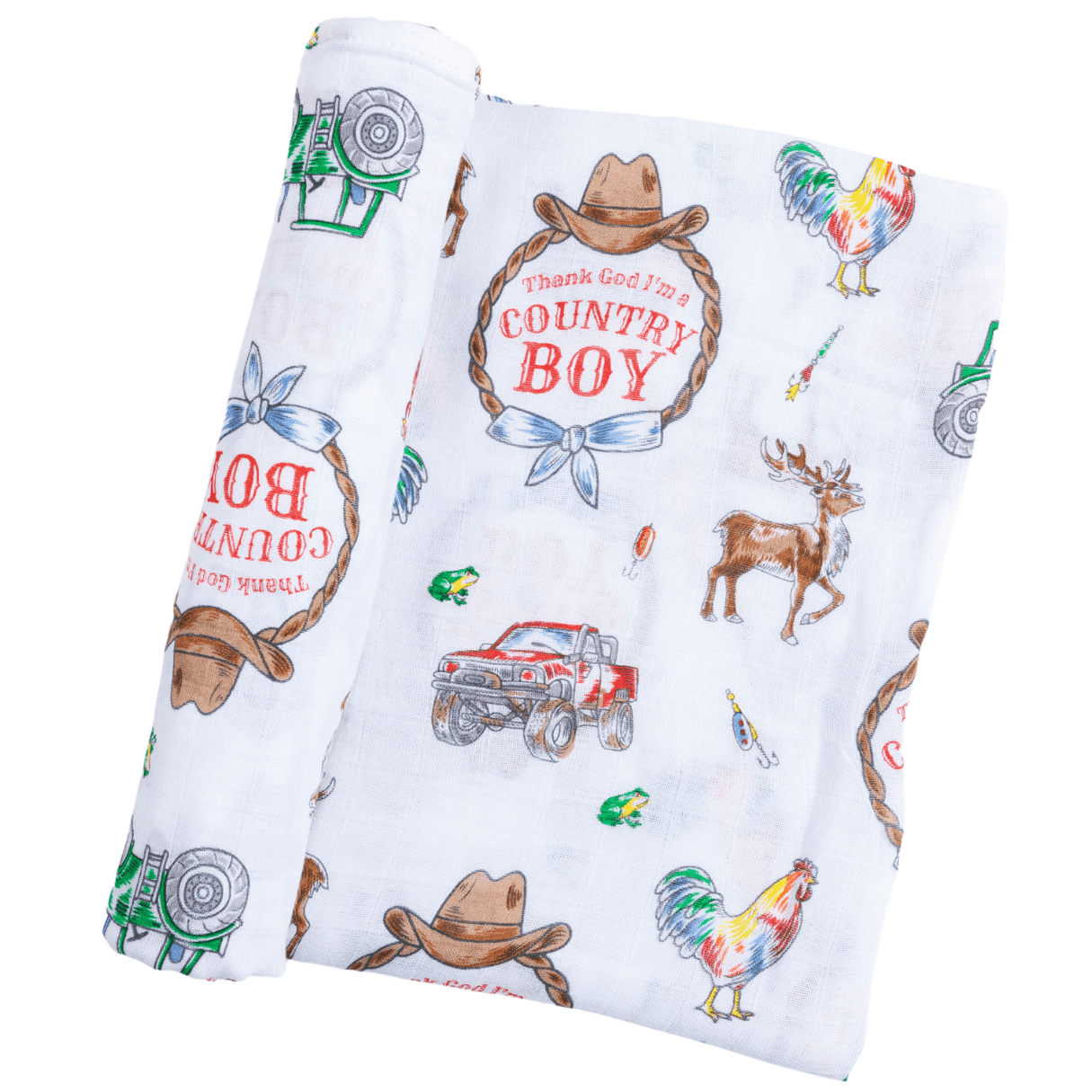 Country Boy muslin swaddle blanket with a playful farm animal print, featuring cows, pigs, and tractors.