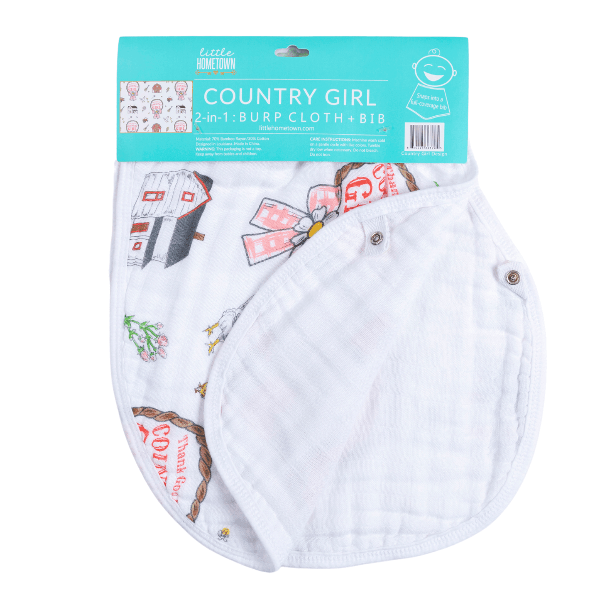 Country Girl 2-in-1 burp cloth and bib combo with floral and gingham patterns, featuring a cute cowgirl design.