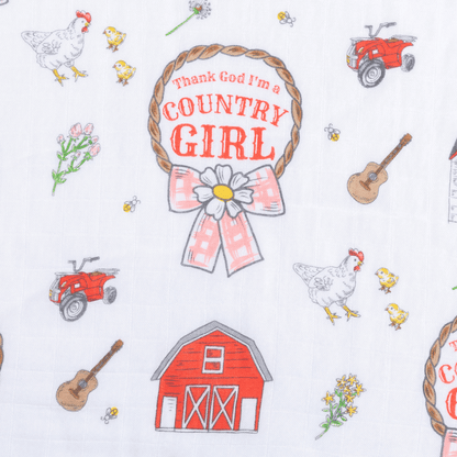 Country Girl 2-in-1 burp cloth and bib combo with floral and gingham patterns, featuring a pink and white design.