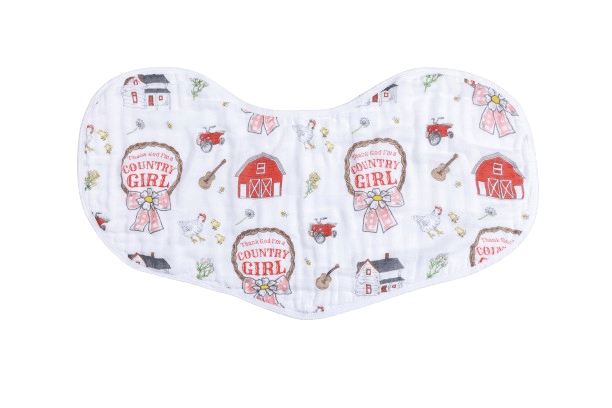 Country Girl 2-in-1 burp cloth and bib combo with floral and gingham patterns, featuring a pink and white design.