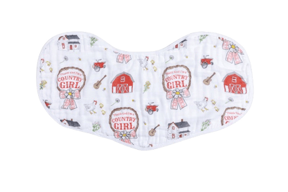 Country Girl 2-in-1 burp cloth and bib combo with floral and gingham patterns, featuring a pink and white design.