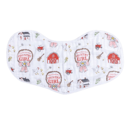 Country Girl 2-in-1 burp cloth and bib combo with floral and gingham patterns, featuring a pink and white design.