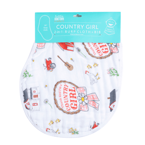 Country girl baby gift set with floral swaddle blanket and burp bib, featuring pink and green accents.