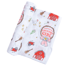 Load image into Gallery viewer, Country Girl baby gift set with floral swaddle blanket and matching burp bib, featuring pink and green accents.
