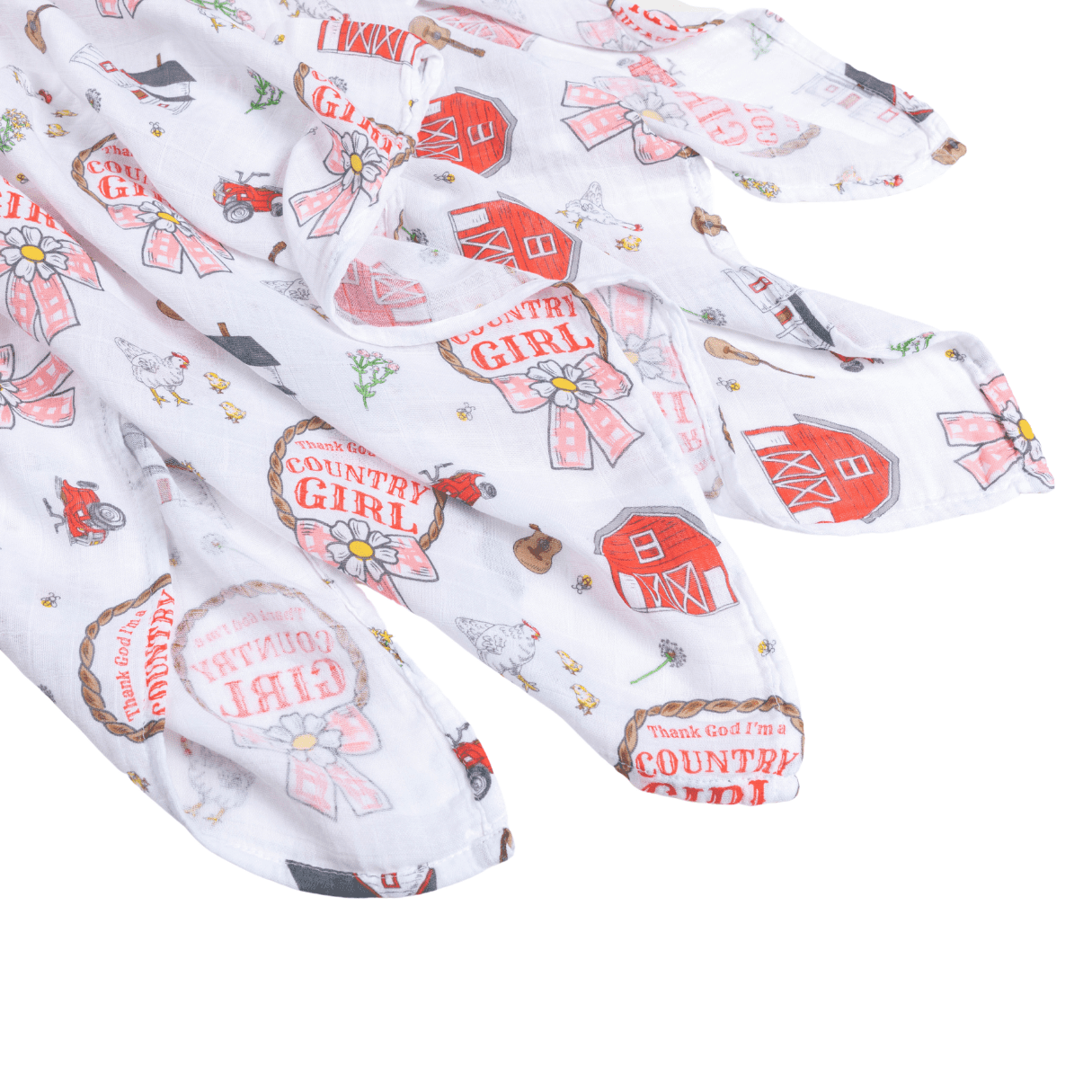 Country Girl muslin swaddle blanket with a floral pattern, featuring pink roses and green leaves on a white background.