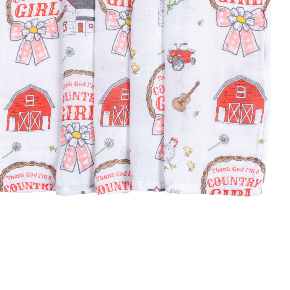 Muslin swaddle blanket with a country girl theme, featuring floral patterns and pastel colors.