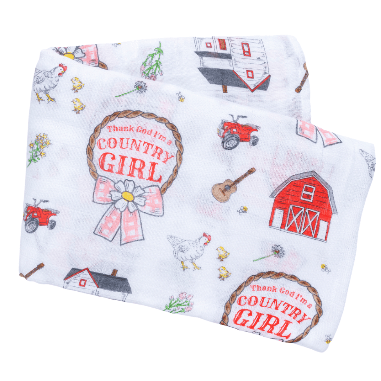 Country Girl muslin swaddle blanket with a floral pattern, featuring pink roses and green leaves on a white background.