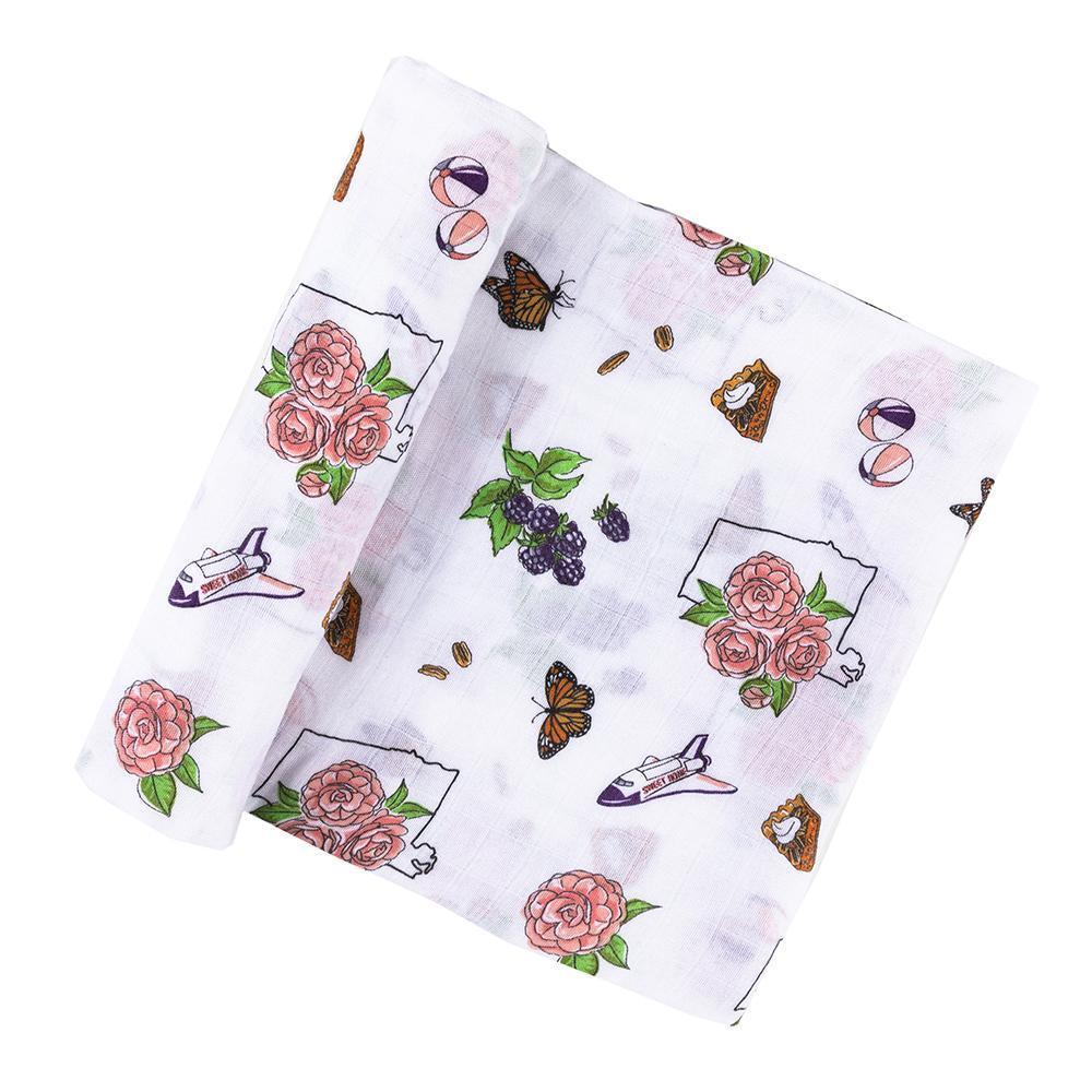 Alabama-themed floral baby muslin swaddle blanket and burp cloth set, featuring delicate pink and green patterns.