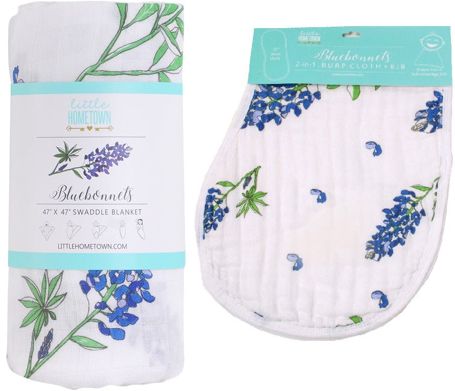 Gift Set: Bluebonnets Baby Muslin Swaddle Blanket and Burp Cloth/Bib Combo - Little Hometown