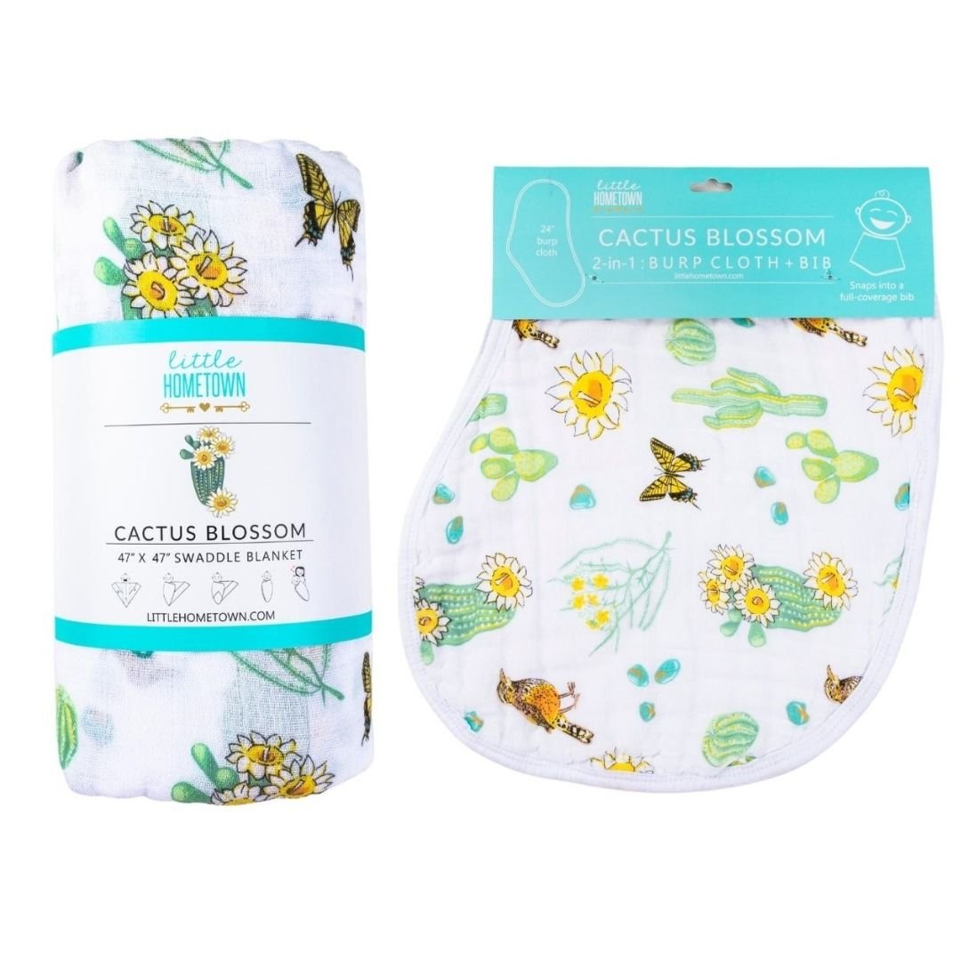 Gift Set: Cactus Blossom Baby Muslin Swaddle Blanket and Burp/Bib Combo - Little Hometown