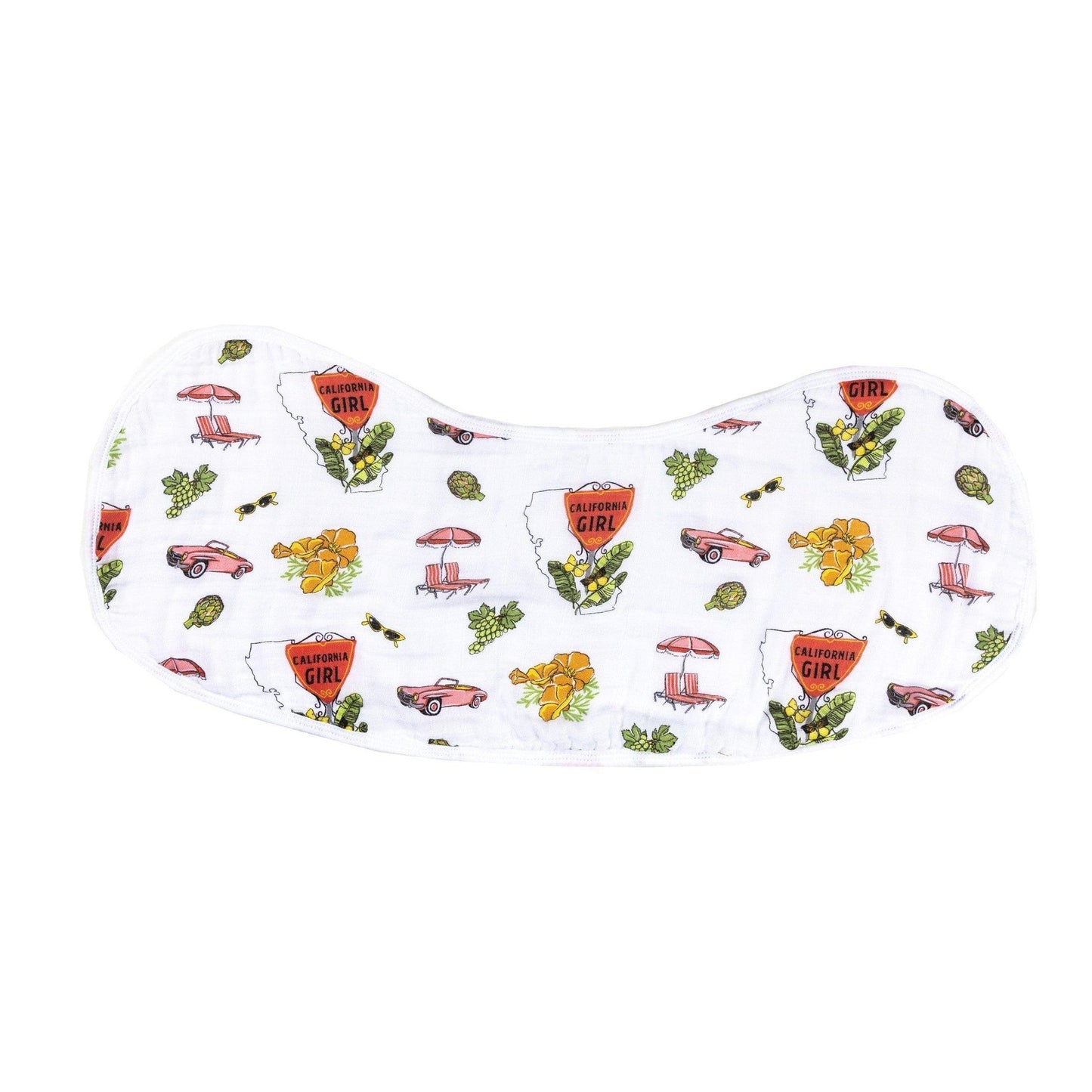 Gift set with "California Girl" muslin swaddle blanket and matching burp cloth, featuring floral designs.