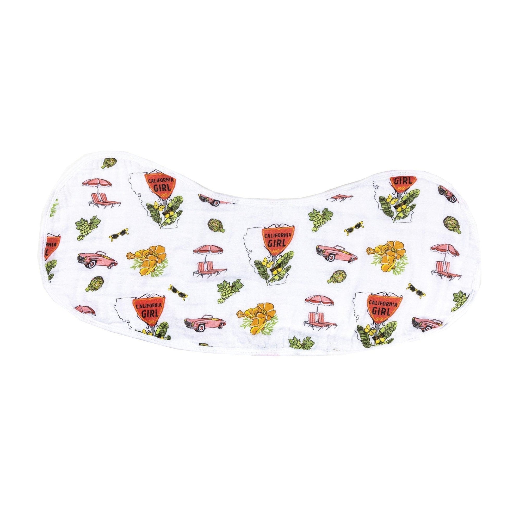 Gift set with "California Girl" muslin swaddle blanket and matching burp cloth, featuring floral designs.