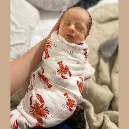 Gift set with crawfish and lobster-themed baby muslin swaddle blanket and burp cloth/bib combo, Little Hometown.