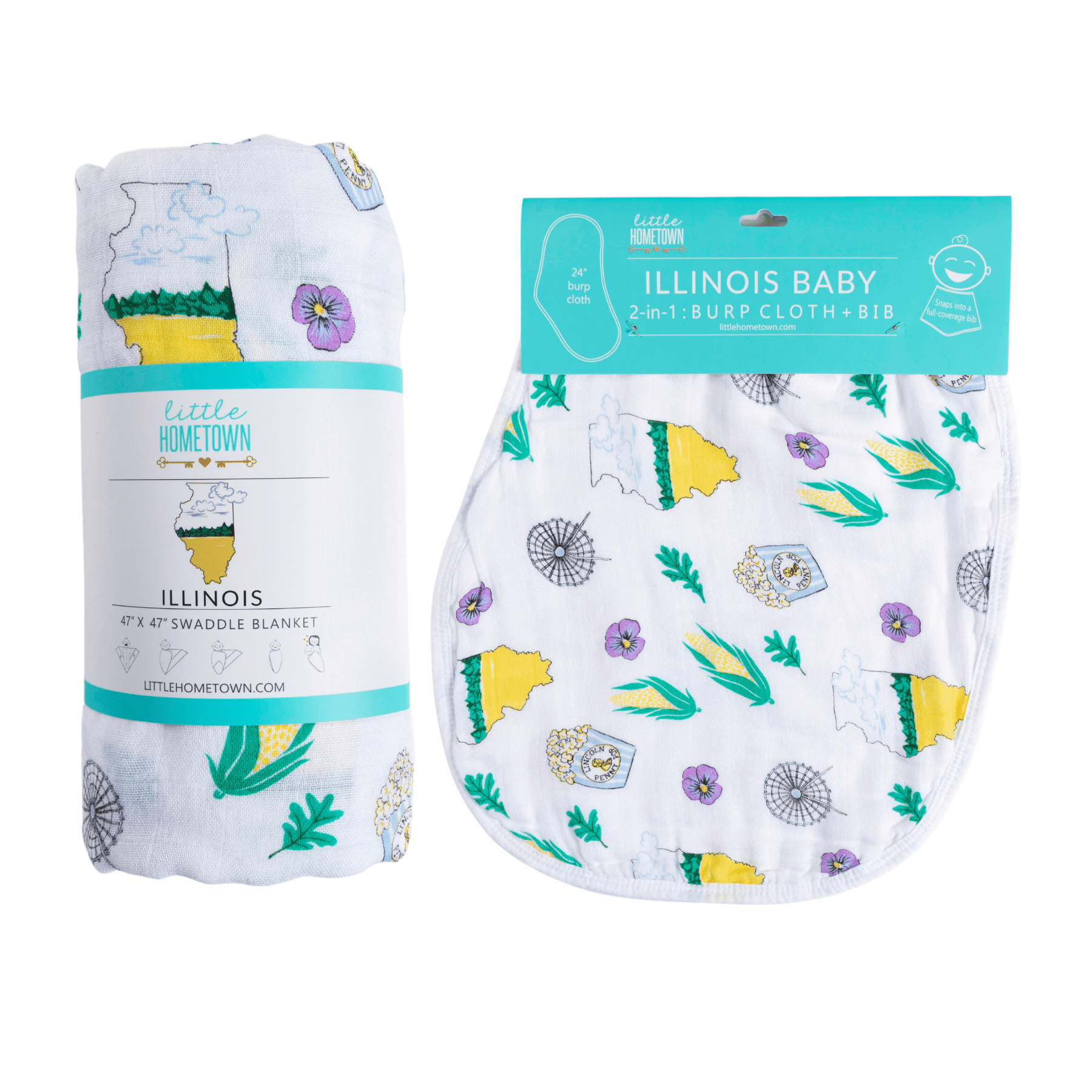 Gift Set: illinois Baby Muslin Swaddle Blanket and Burp Cloth/Bib Combo - Little Hometown