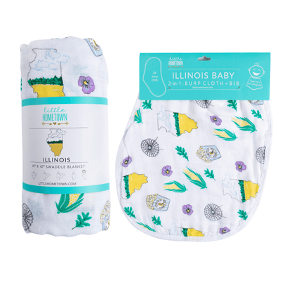 Gift Set: illinois Baby Muslin Swaddle Blanket and Burp Cloth/Bib Combo - Little Hometown
